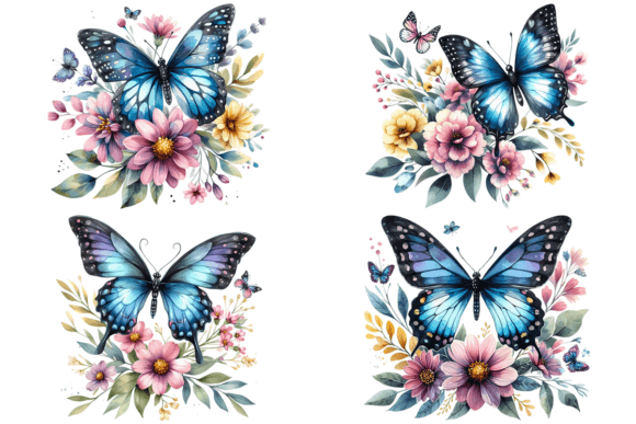 Download 4 Butterfly Flower Watercolor Bundle - Bundle Collection
